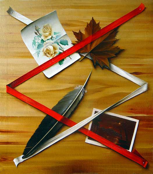 Trompe l'Oeil with Maple Leaf, Feather and Card.  Oil on Canvas, Moscow 1988. 32x24