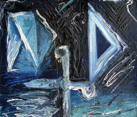 Items in Blue with Scissors.  Oil on Board, Moscow 1988. 14x18